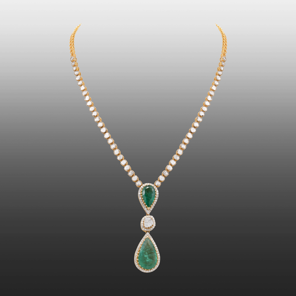 Claw-Set Emerald and Diamond Pendant Necklace